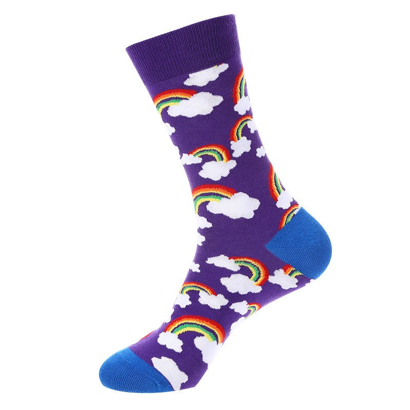Weather Socks featuring white clouds and rainbows on purple background with blue toe and heel, unisex crew socks