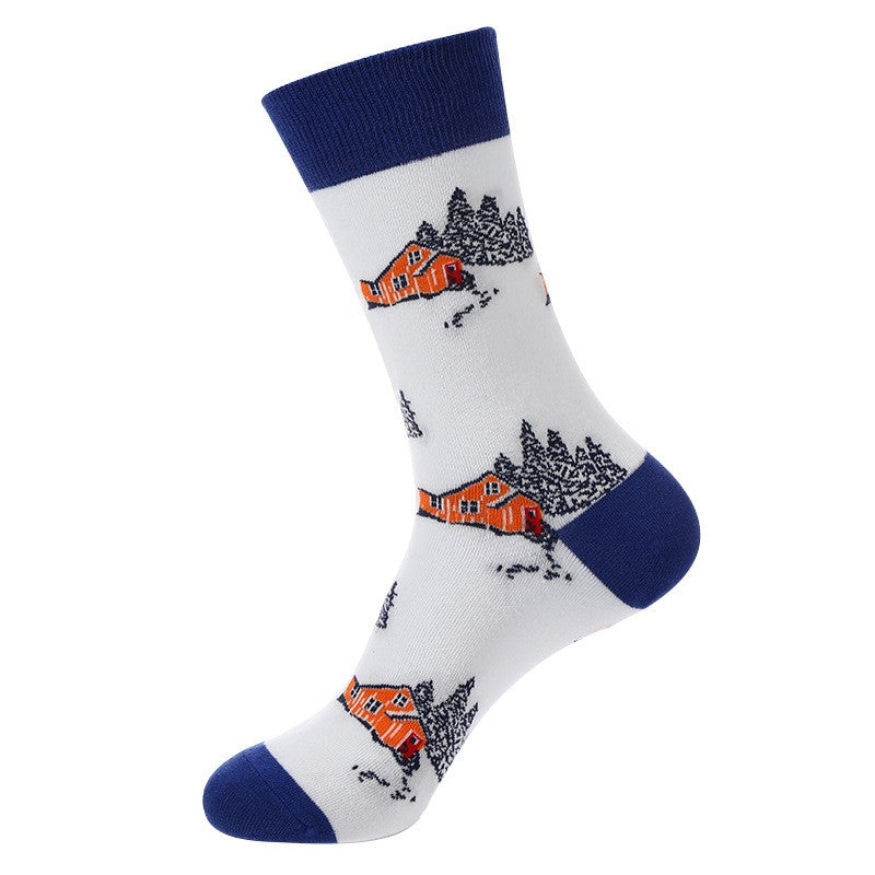 Weather Socks featuring red cabins and snowy pine trees on a white background with blue heel and toe, unisex crew socks