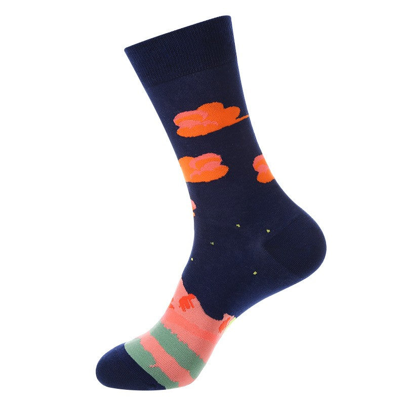 Weather Socks featuring orange sunset clouds on navy background with pastel striped toe, unisex crew socks