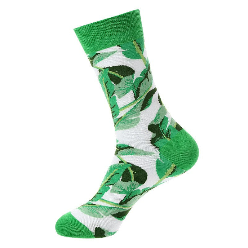 Tropical Leaf Left Sock featuring green tropical leaf pattern, unisex crew sock