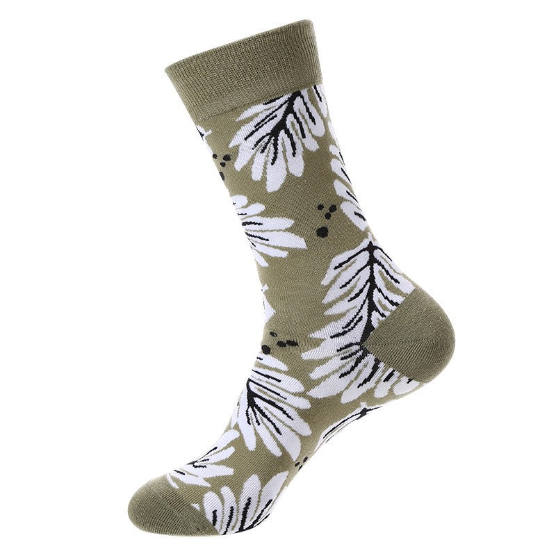 Floral Leaf Crew Socks featuring white and black botanical leaf design on olive beige background, unisex crew socks