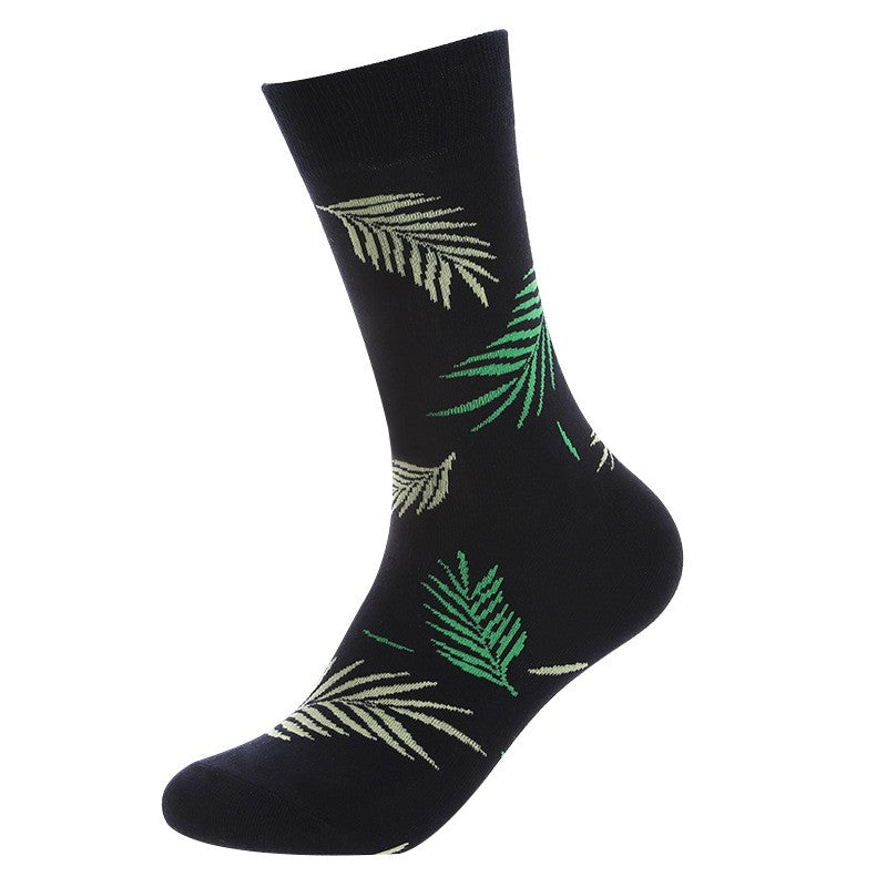 Leaf Crew Socks featuring green and beige palm leaf pattern on black base, unisex crew socks