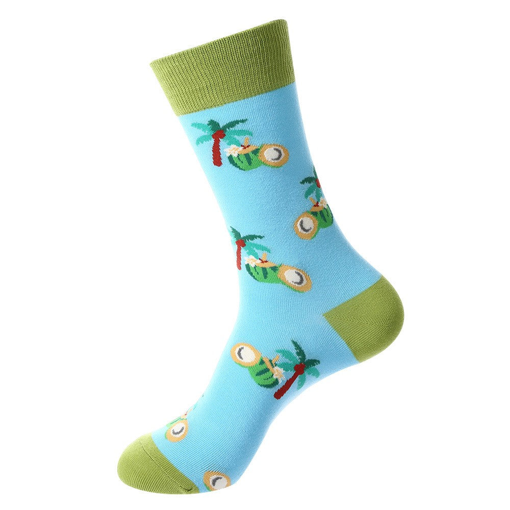 Spring-themed tropical socks featuring coconut and palm tree design on a sky-blue background with green cuff and toe accents, unisex crew socks