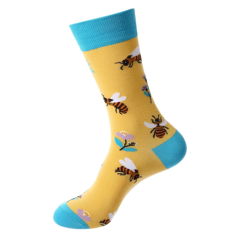 Animal-themed crew socks featuring yellow background with bees and pastel flowers, blue cuff, heel, and toe accents, unisex socks