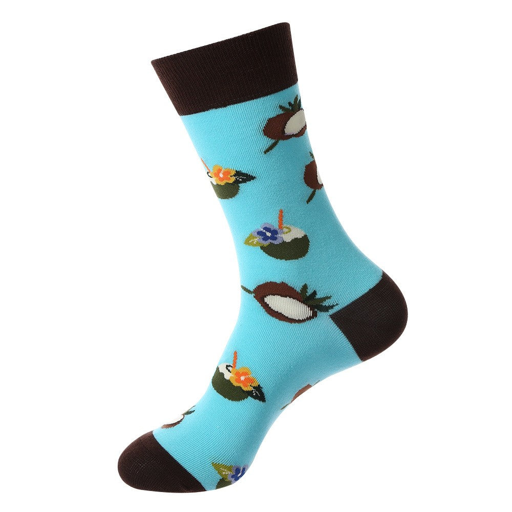Tropical-themed crew socks featuring coconut drinks with flowers on a sky-blue base, brown cuff, heel, and toe accents, unisex socks