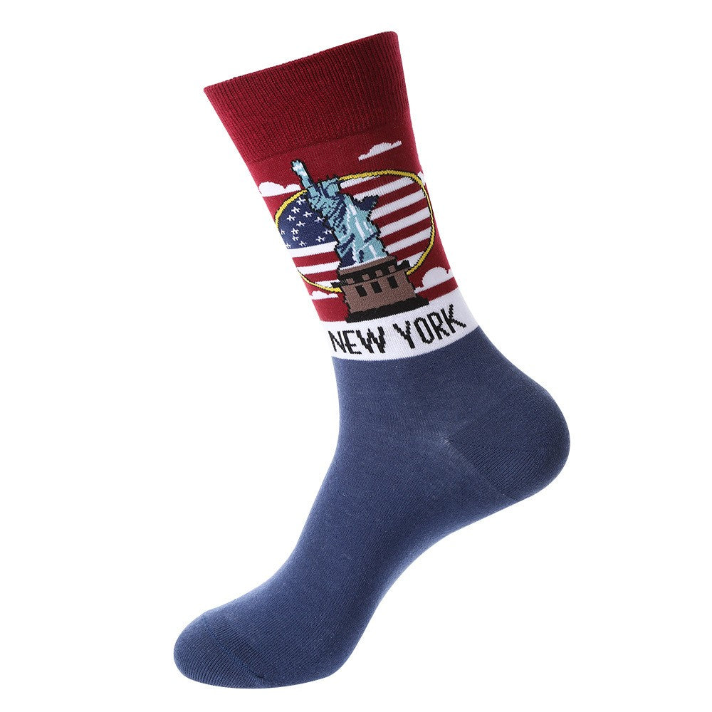 Landmark Sock – New York Crew Socks featuring Statue of Liberty and American flag design, unisex crew socks