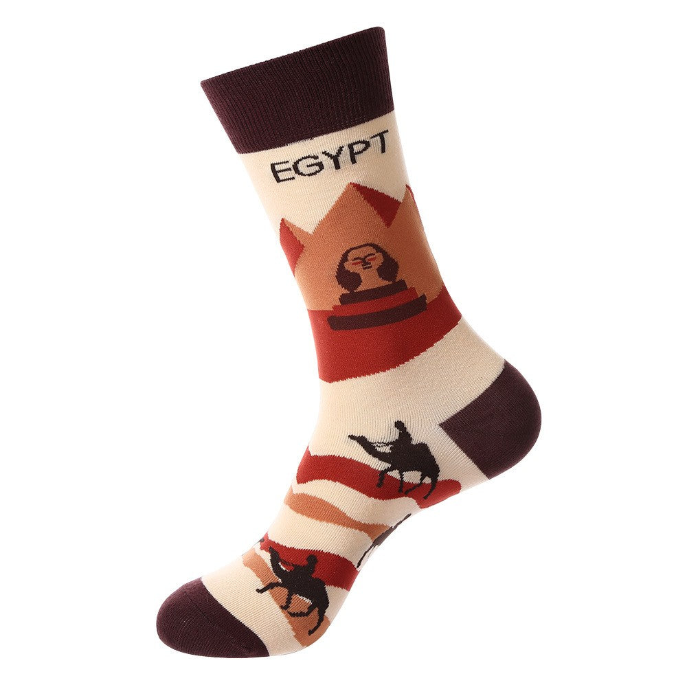 Landmark Sock – Egypt Crew Socks featuring Sphinx, pyramids, and camel design, unisex crew socks