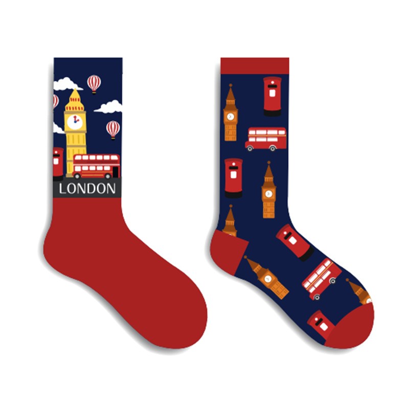 Landmark Sock – London Mix & Match Crew Socks featuring Big Ben, red bus, and British mailbox designs, unisex crew socks