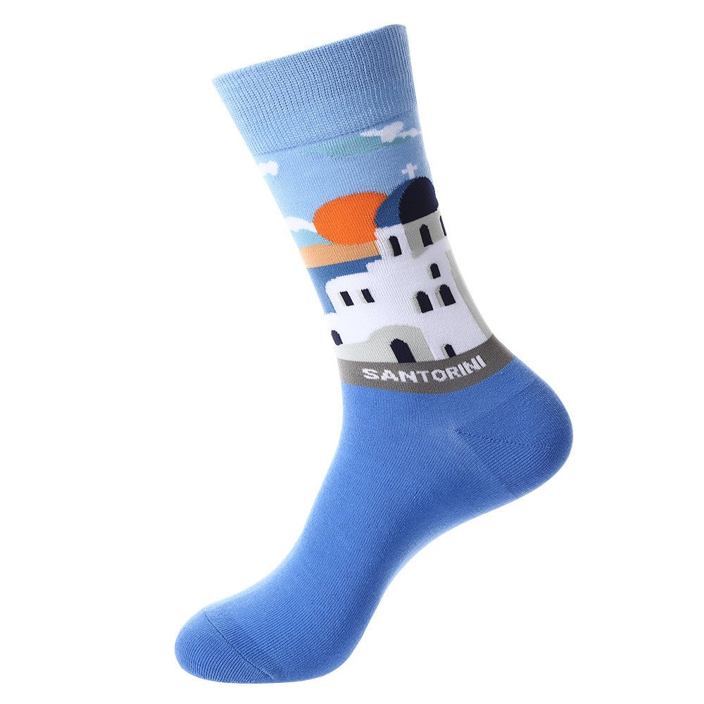 Landmark Sock – Santorini Crew Socks featuring Greek white dome buildings and sunset ocean design, unisex crew socks
