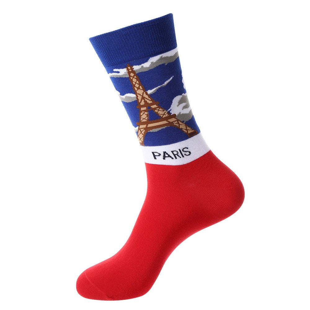 Landmark Sock – Paris Crew Socks featuring Eiffel Tower design in red, white, and blue, unisex crew socks