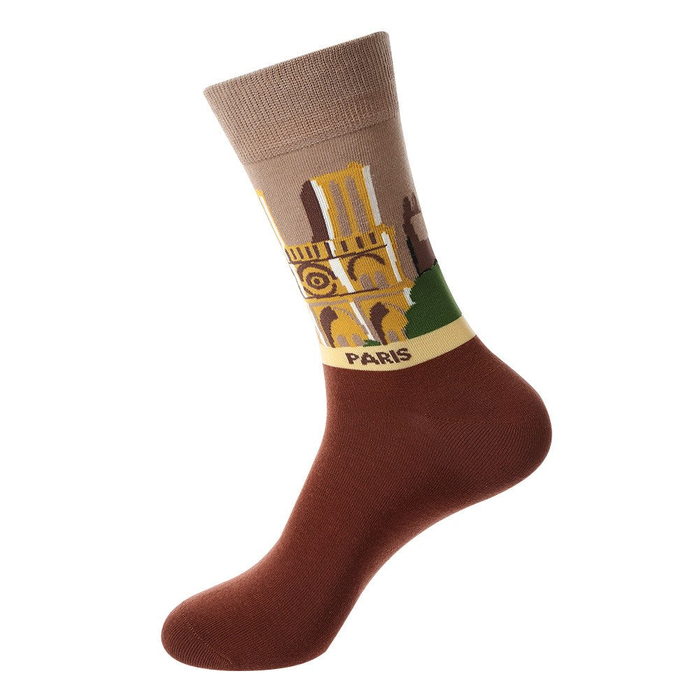 Landmark Sock – Paris Crew Socks featuring Notre Dame Cathedral design in warm brown and yellow tones, unisex crew socks