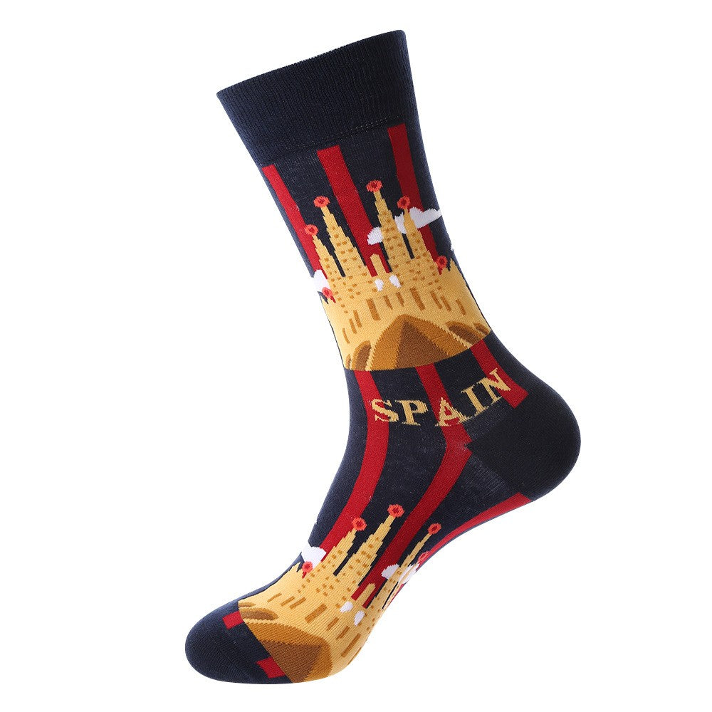 Landmark Sock – Spain Crew Socks featuring Sagrada Família design in red, gold, and navy tones, unisex crew socks