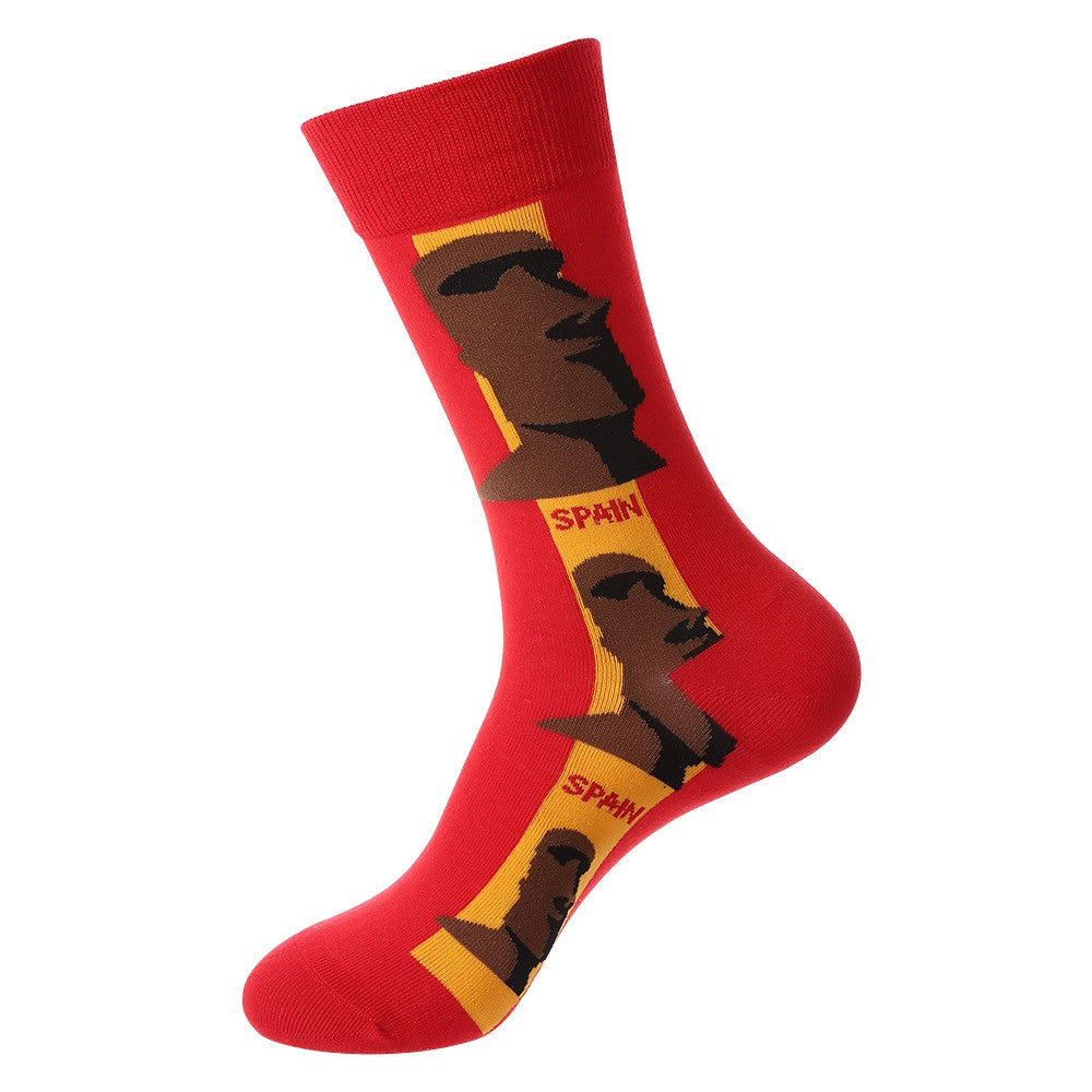 Landmark Sock – Spain Crew Socks featuring Moai statue design in red and gold tones, unisex crew socks