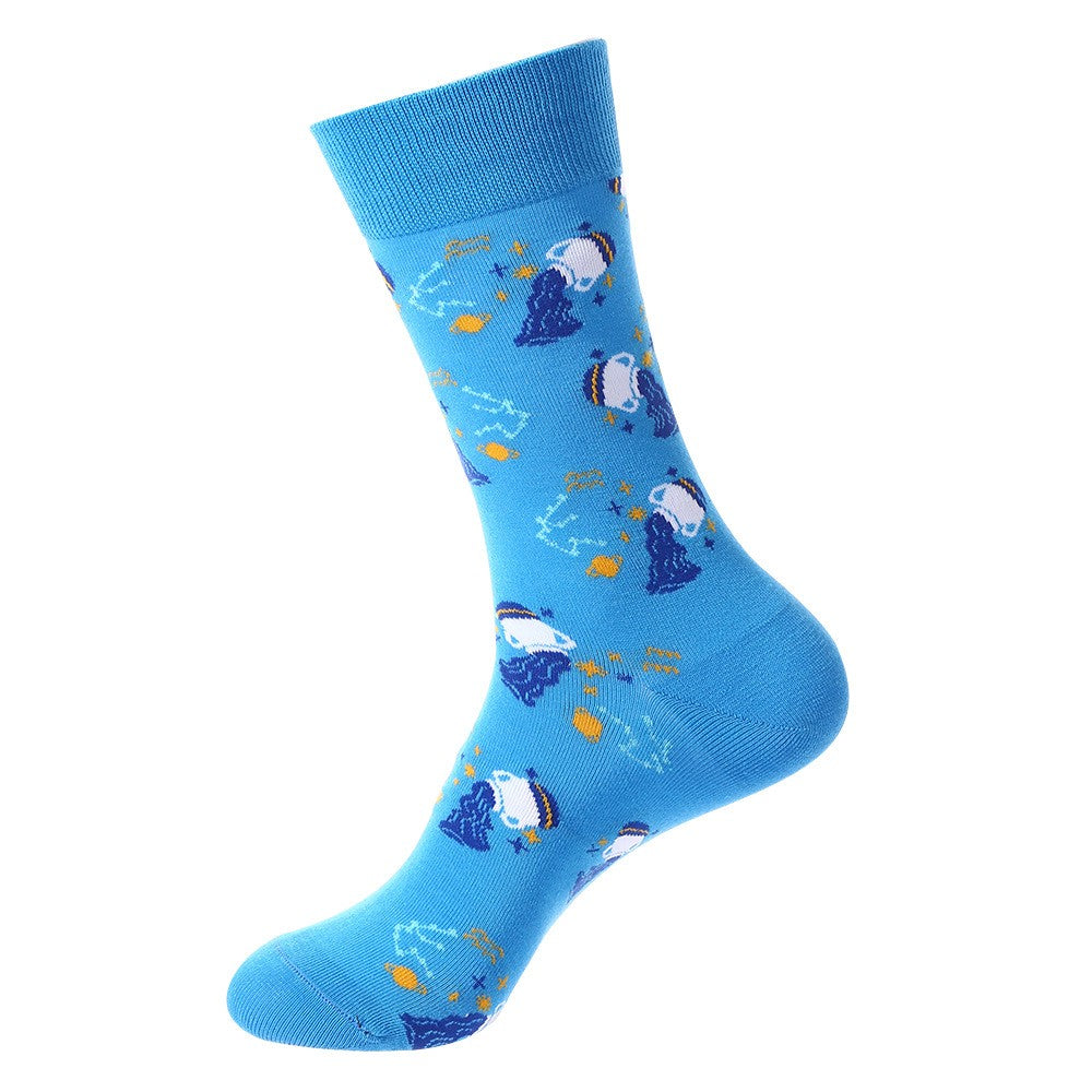 Blue constellation socks with Aquarius zodiac water bearer and star patterns – unisex cotton crew socks
