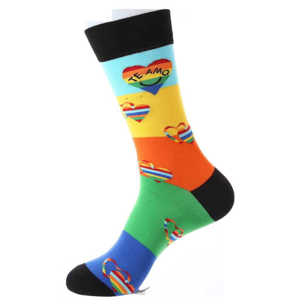 Valentine’s Te Amo rainbow heart crew socks with colorful block design
