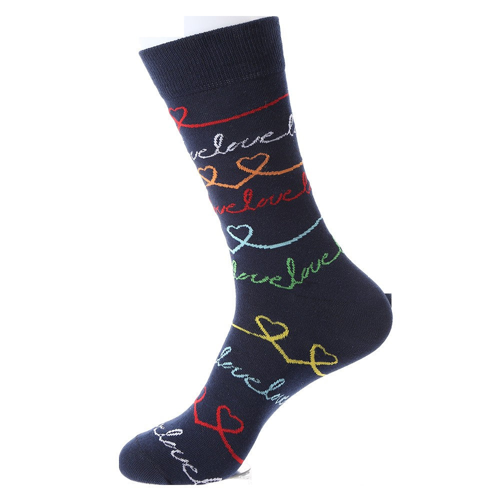 Rainbow heart script love pattern on black Valentine’s crew socks