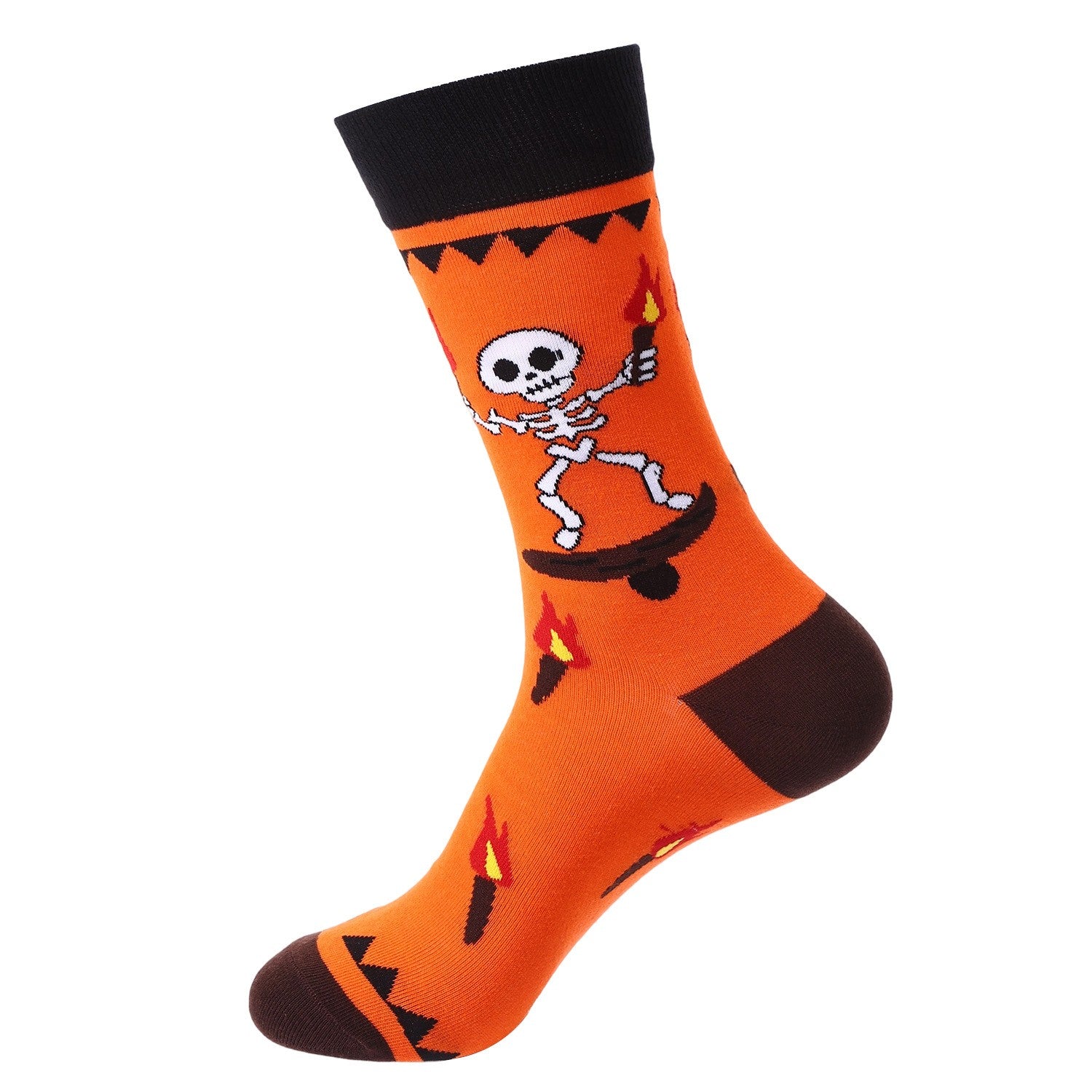 Bright orange crew socks featuring a cartoon skeleton on a skateboard holding torches with flame motifs