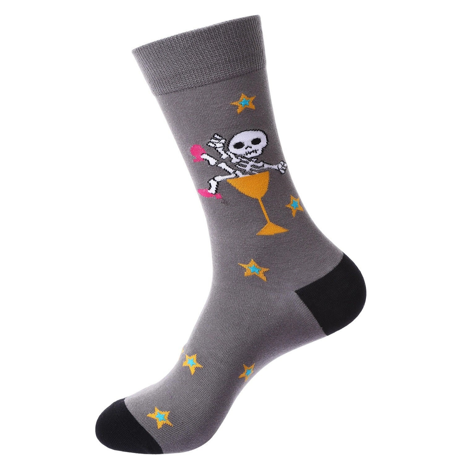 Gray socks featuring a skeleton in a cocktail glass with stars