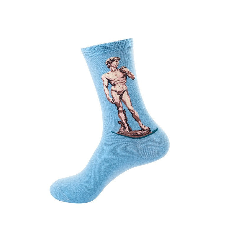 Light blue crew socks featuring painting-style David statue design