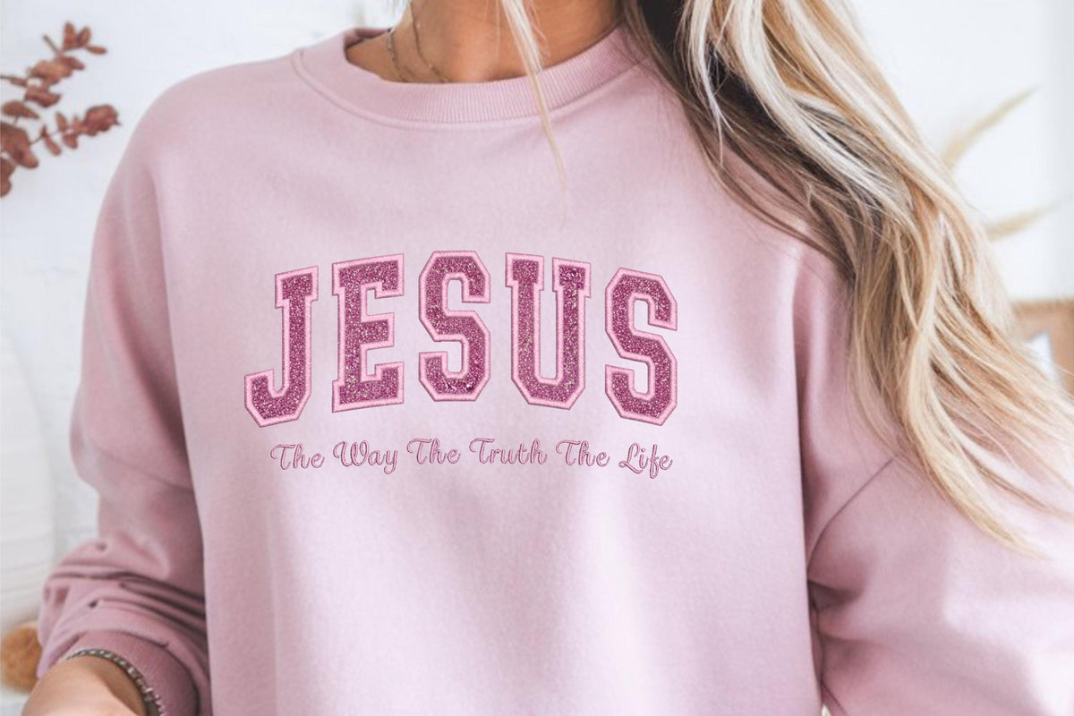 Glitter Embroidered JESUS Adult Sweatshirt
