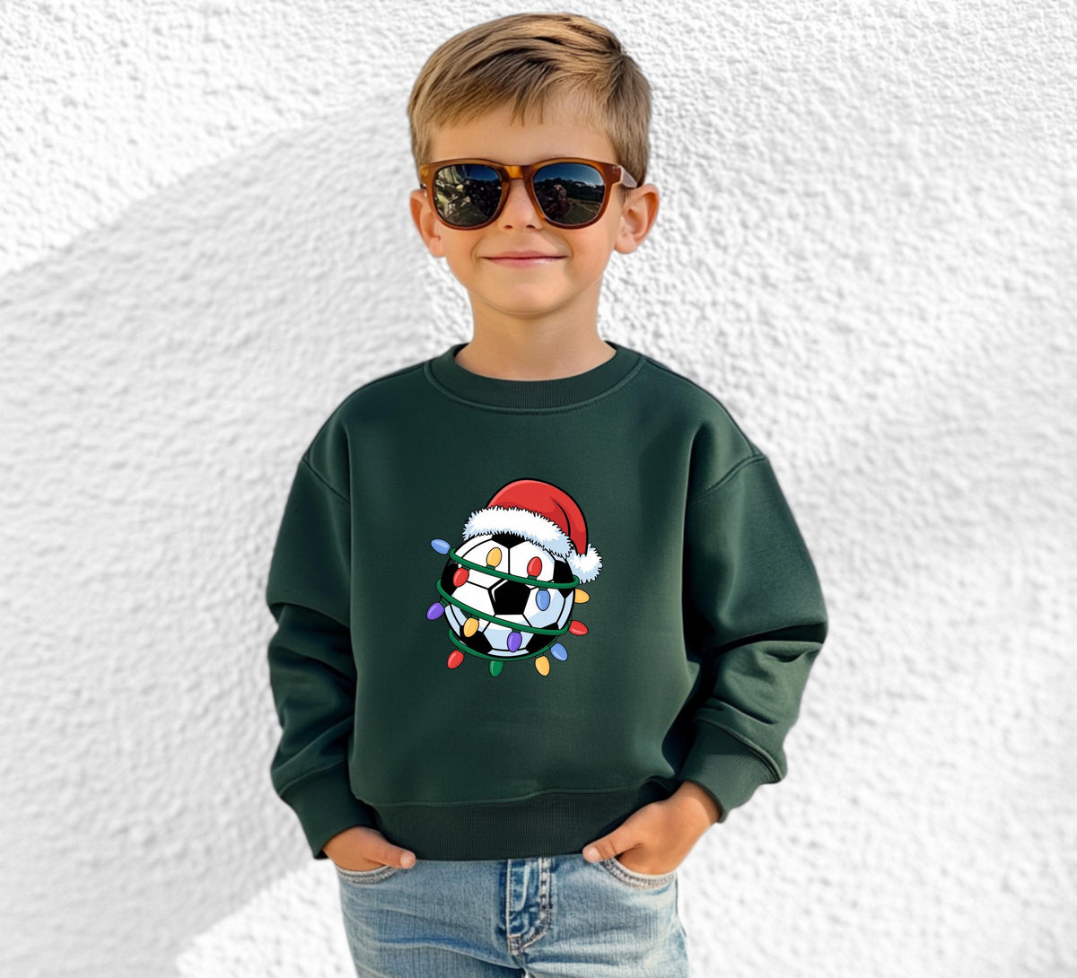 Kids soccer Christmas sweatshirt with Santa hat soccer ball design