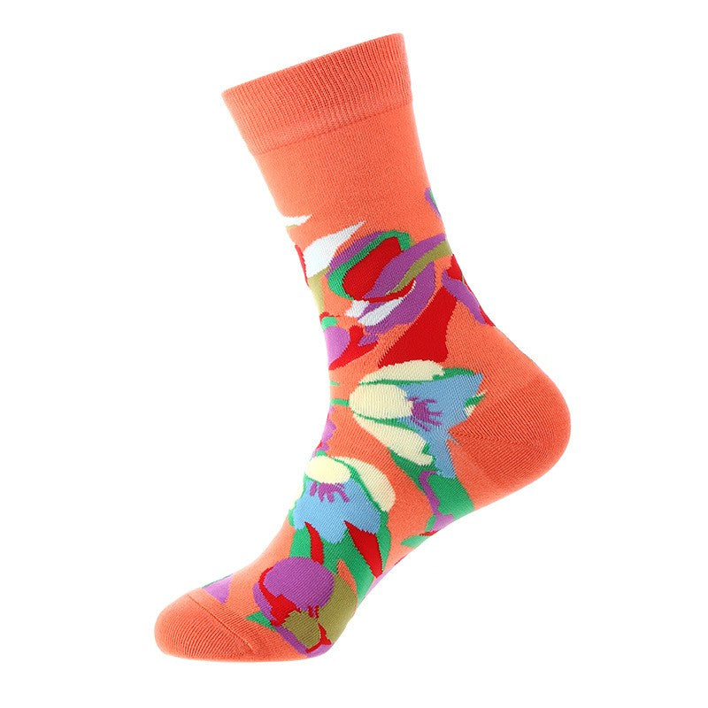 Colorful tulip-style flower socks with multicolor floral pattern on orange base