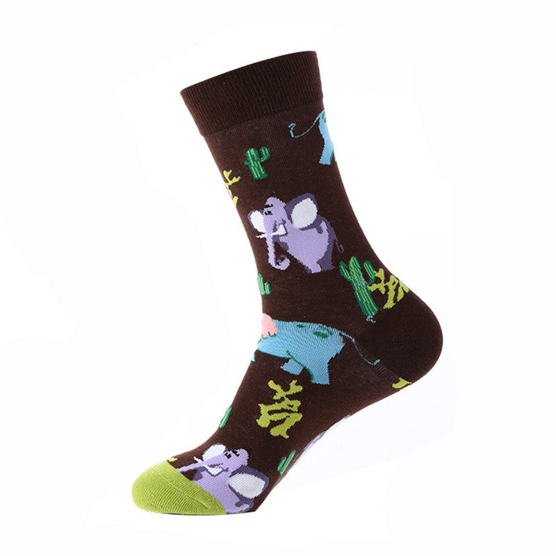 Brown crew sock with purple and teal elephants and green cacti, light-green toe — animal themed