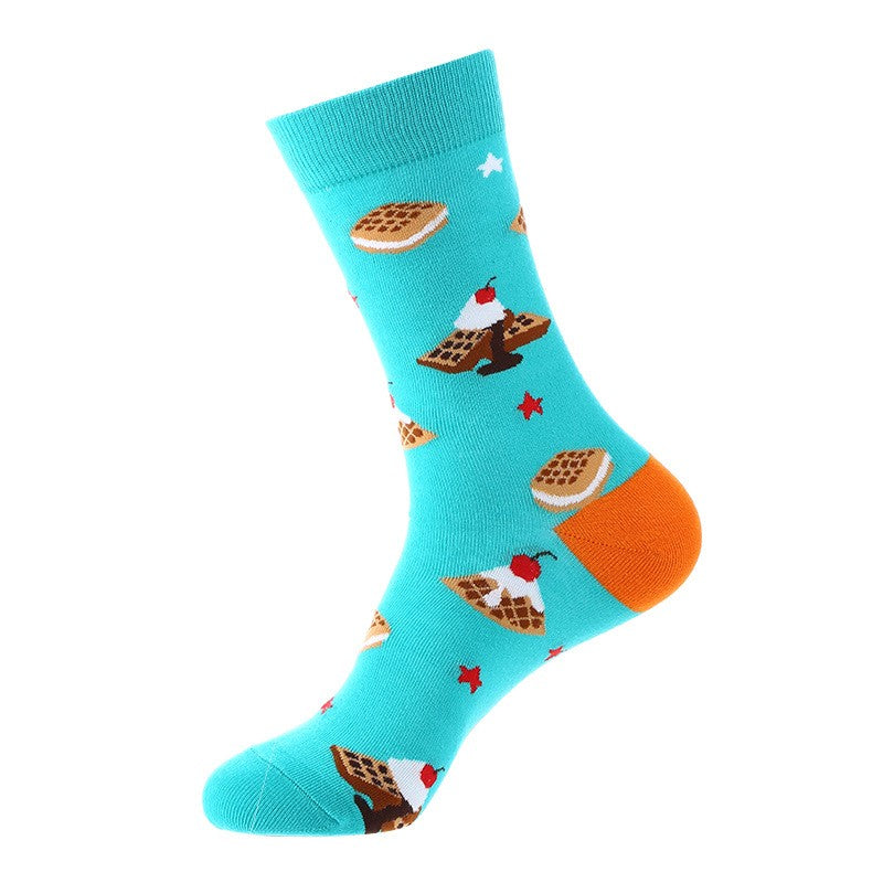 Turquoise dessert socks with waffle, ice cream, and cherry patterns – unisex novelty crew socks