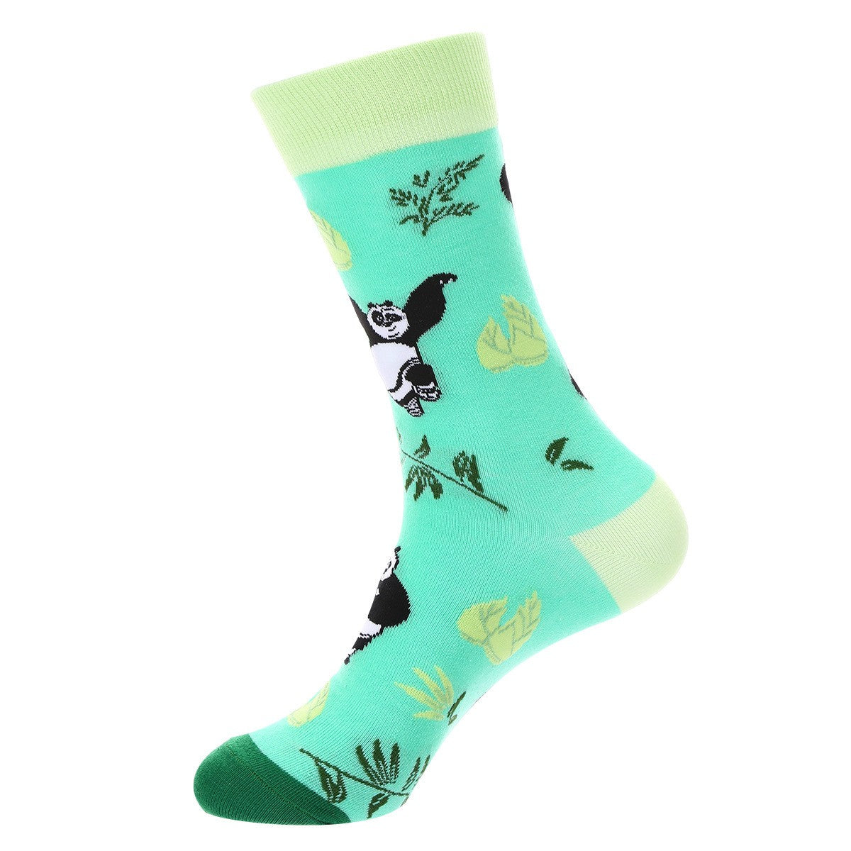Mint-green crew sock with black-and-white pandas, bamboo leaves, light-green cuff and heel, dark-green toe β animal themed