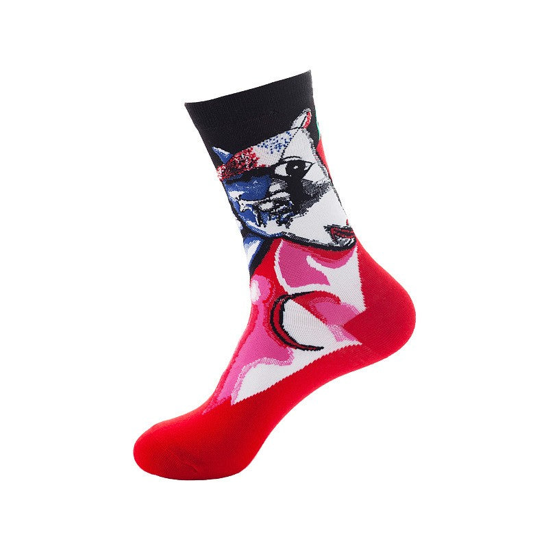 Red and pink crew socks with abstract oil-painting style cat face artwork