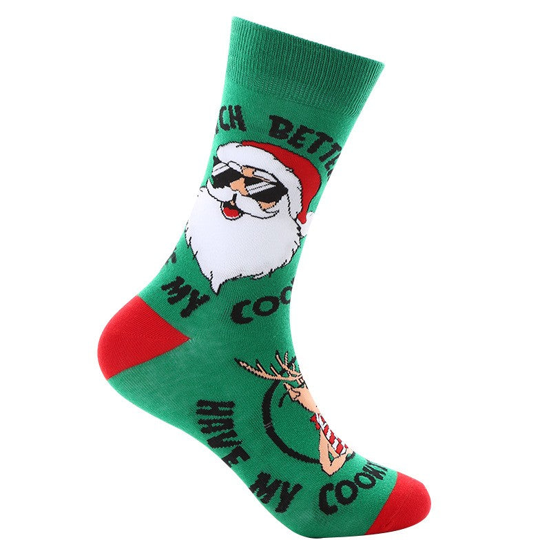 Green crew socks with Santa wearing sunglasses, a reindeer, and "Better Have My Cookies" quote β unisex holiday novelty socks