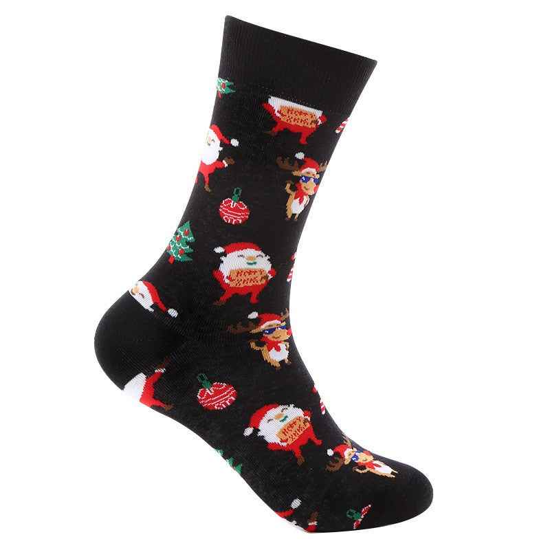 Black crew socks with Santa, reindeer, ornaments, and βMerry Xmasβ text