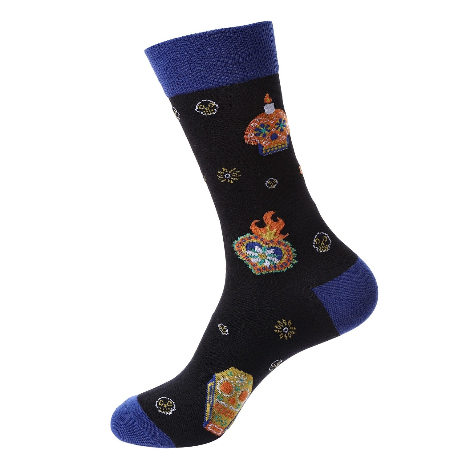 Black crew socks featuring colorful Day of the Dead sugar skulls, altar, and candle design with blue accents