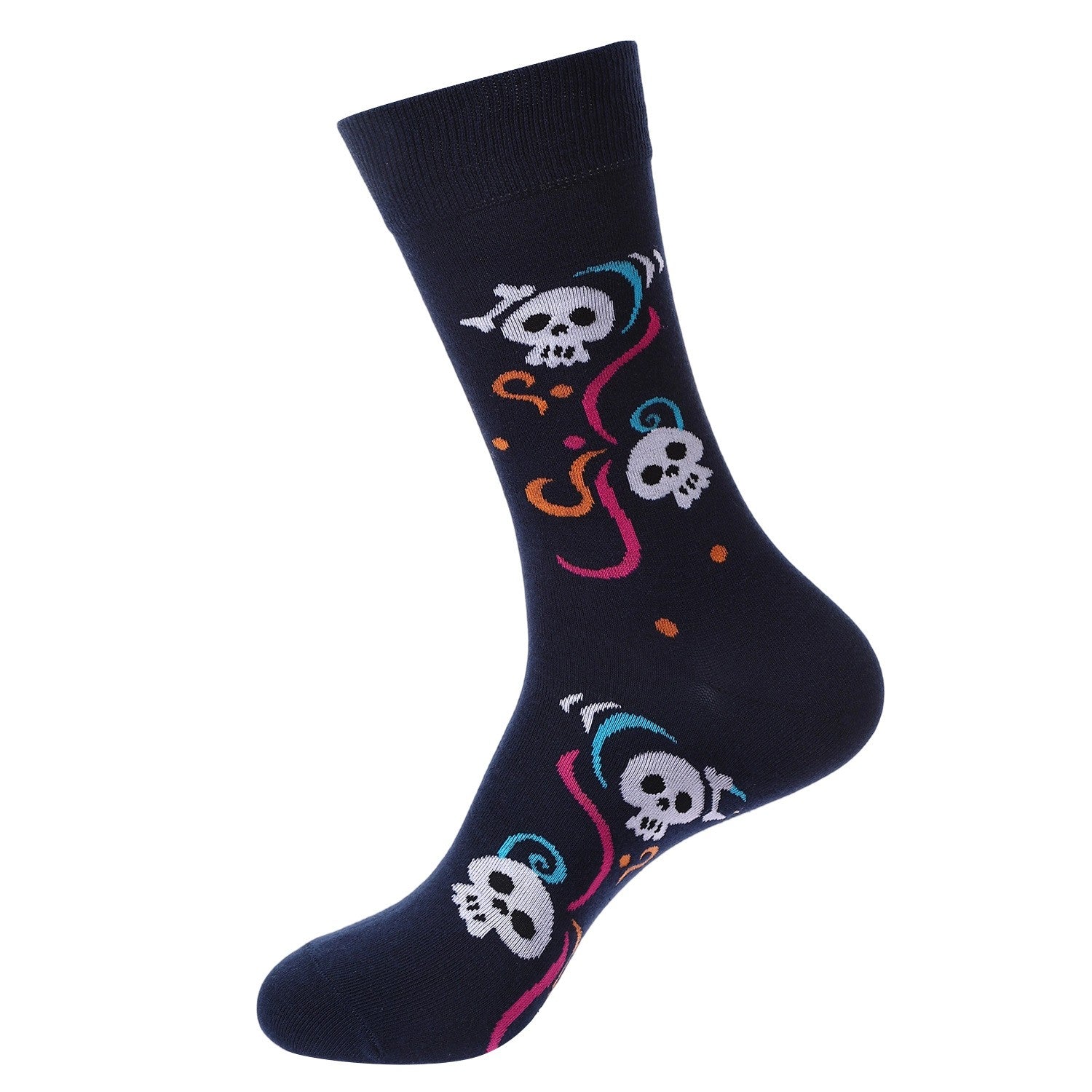 Navy crew sock with white skulls and colorful swirls and confetti — Day of the Dead inspired.