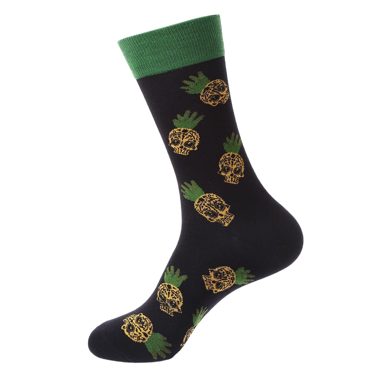 Black crew socks with yellow pineapple skulls and green cuffs – Day of the Dead design