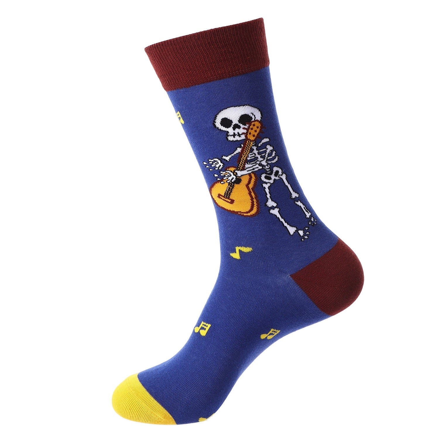 Day of the Dead novelty socks with skeleton playing guitar and music notes on blue background