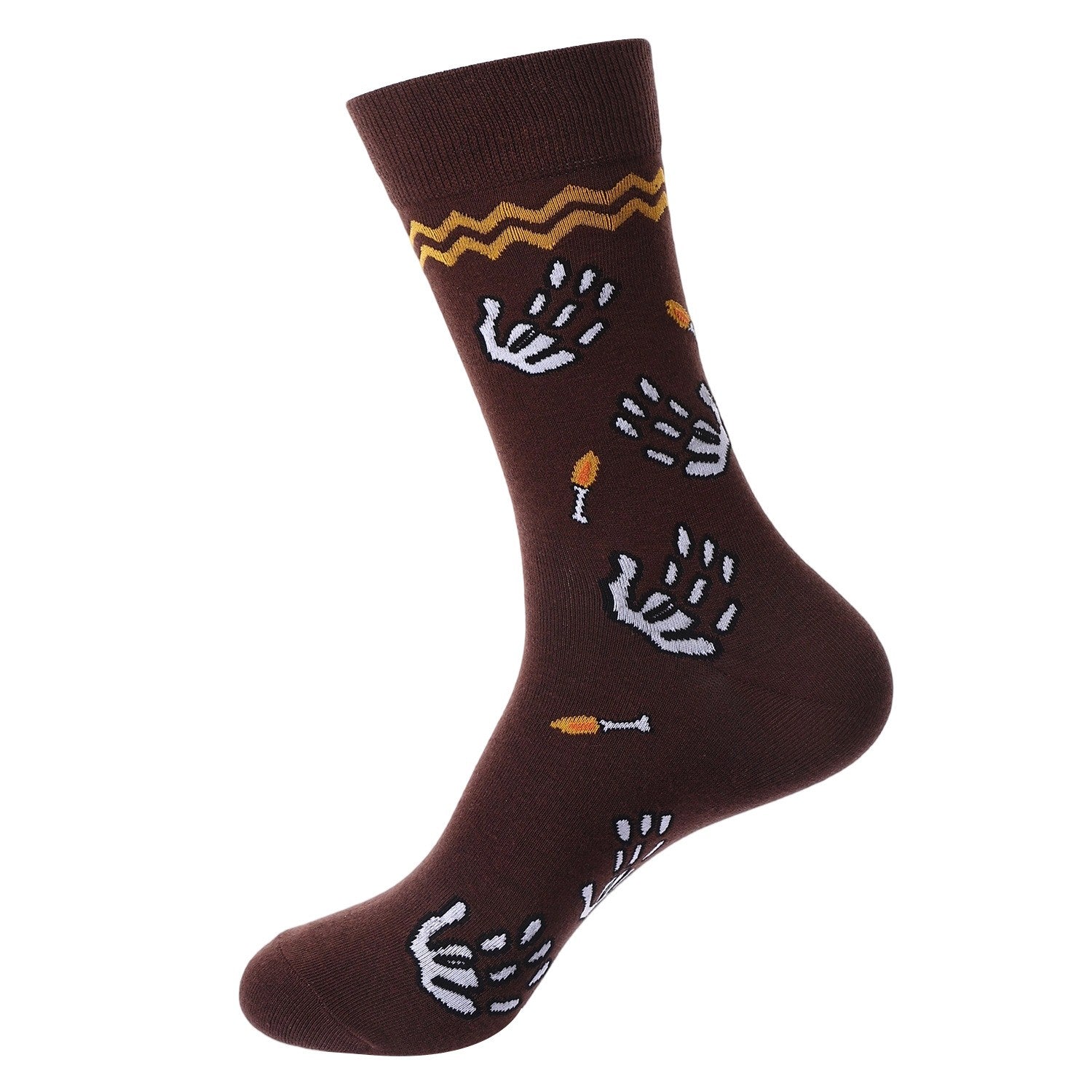 Brown socks featuring Day of the Dead skeleton handprints and golden candle illustrations
