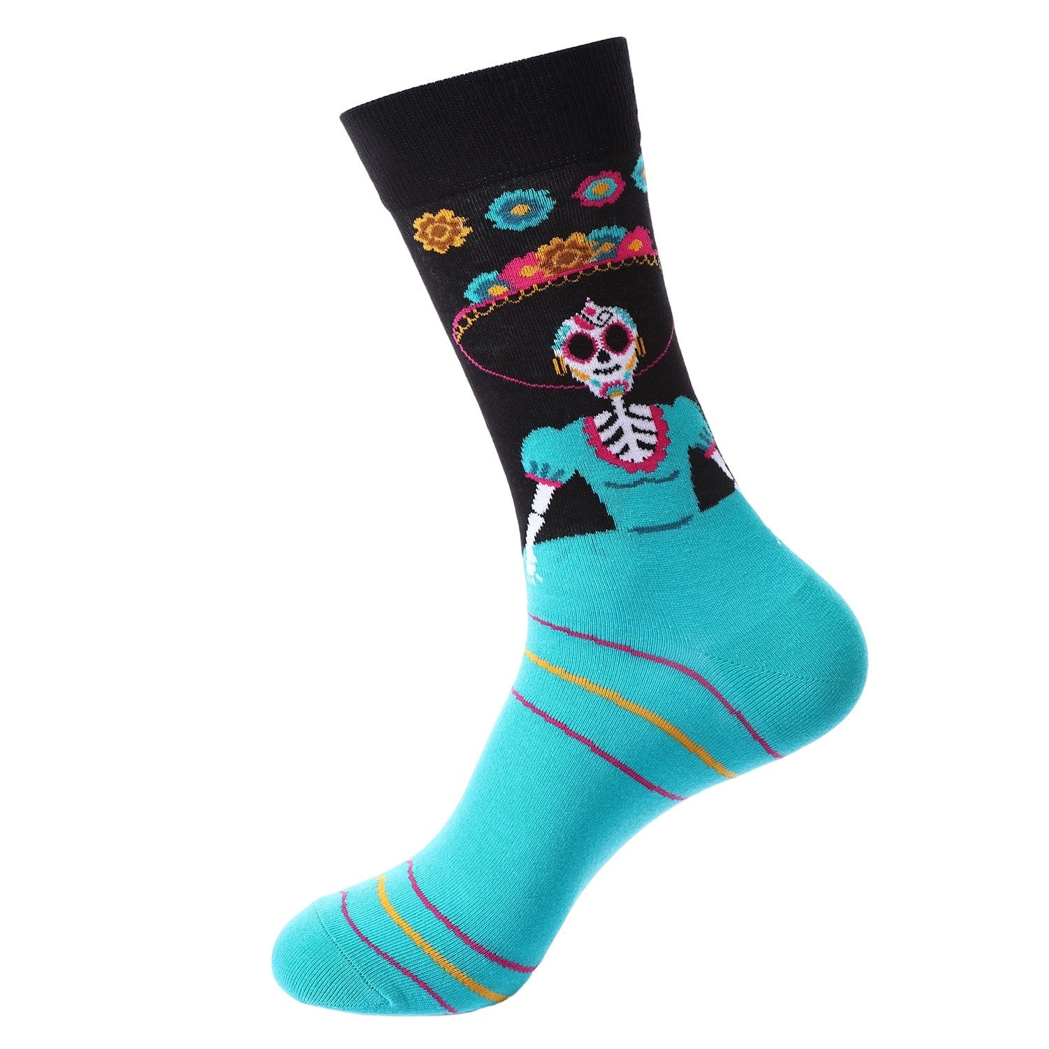 Turquoise and black Day of the Dead socks featuring a skeleton woman in a flowered hat and dress – La Catrina style design