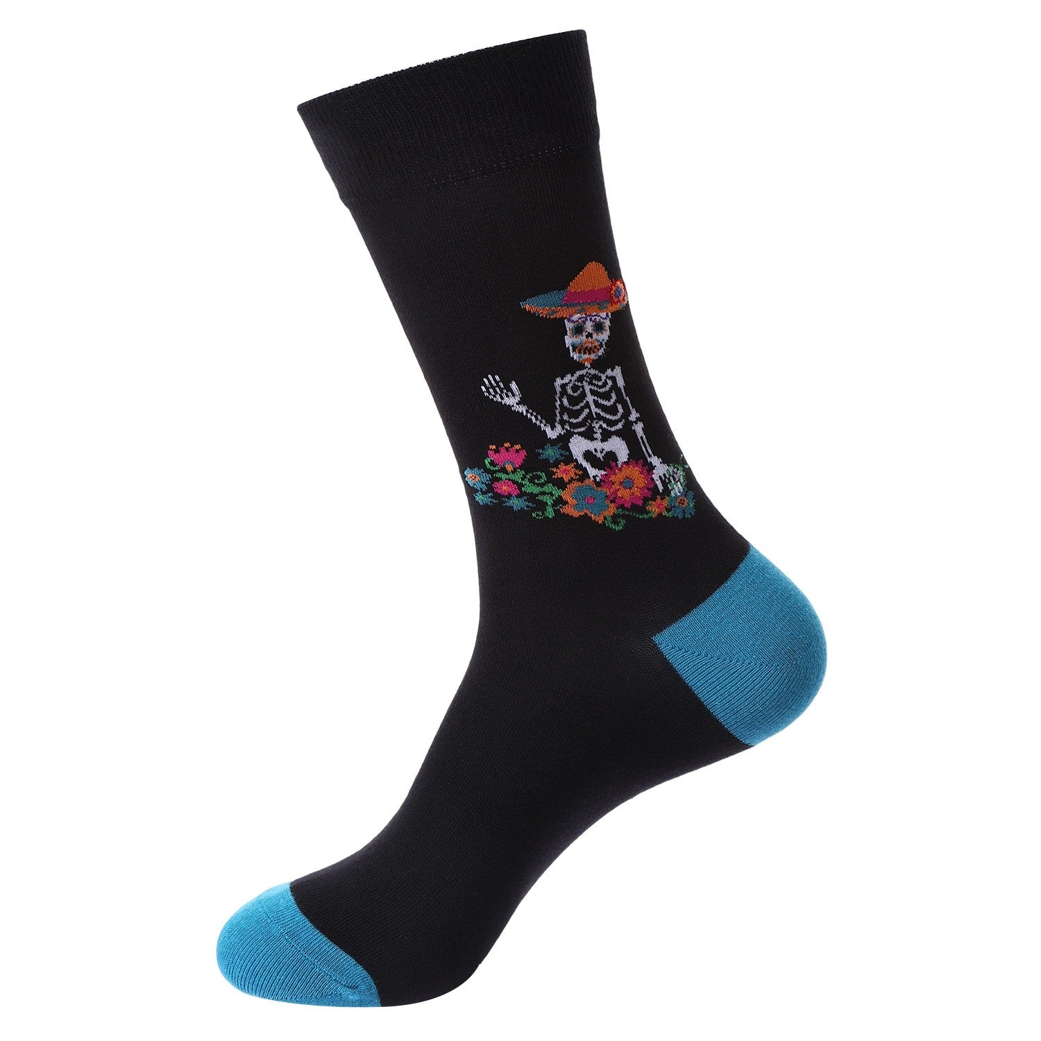 Black crew sock with a skeleton wearing a sombrero and colorful flowers – Day of the Dead design