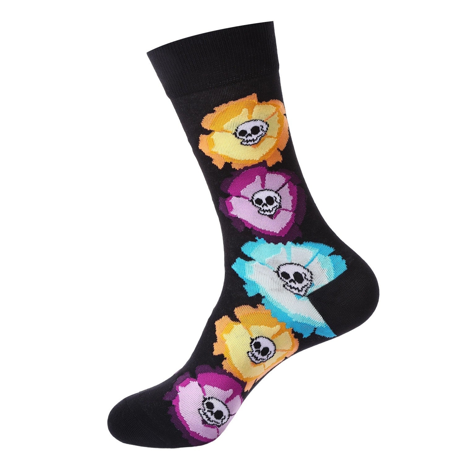 Black sock with colorful skull designs on a white background