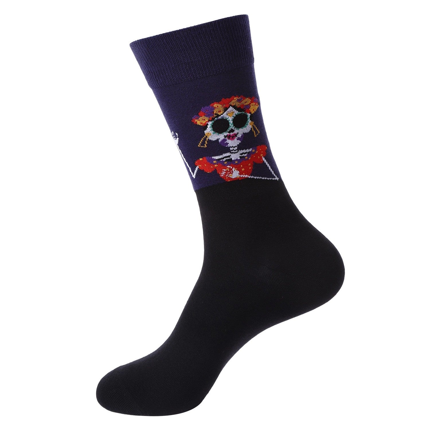 Dia de los Muertos sock featuring dancing skeleton and red dress
