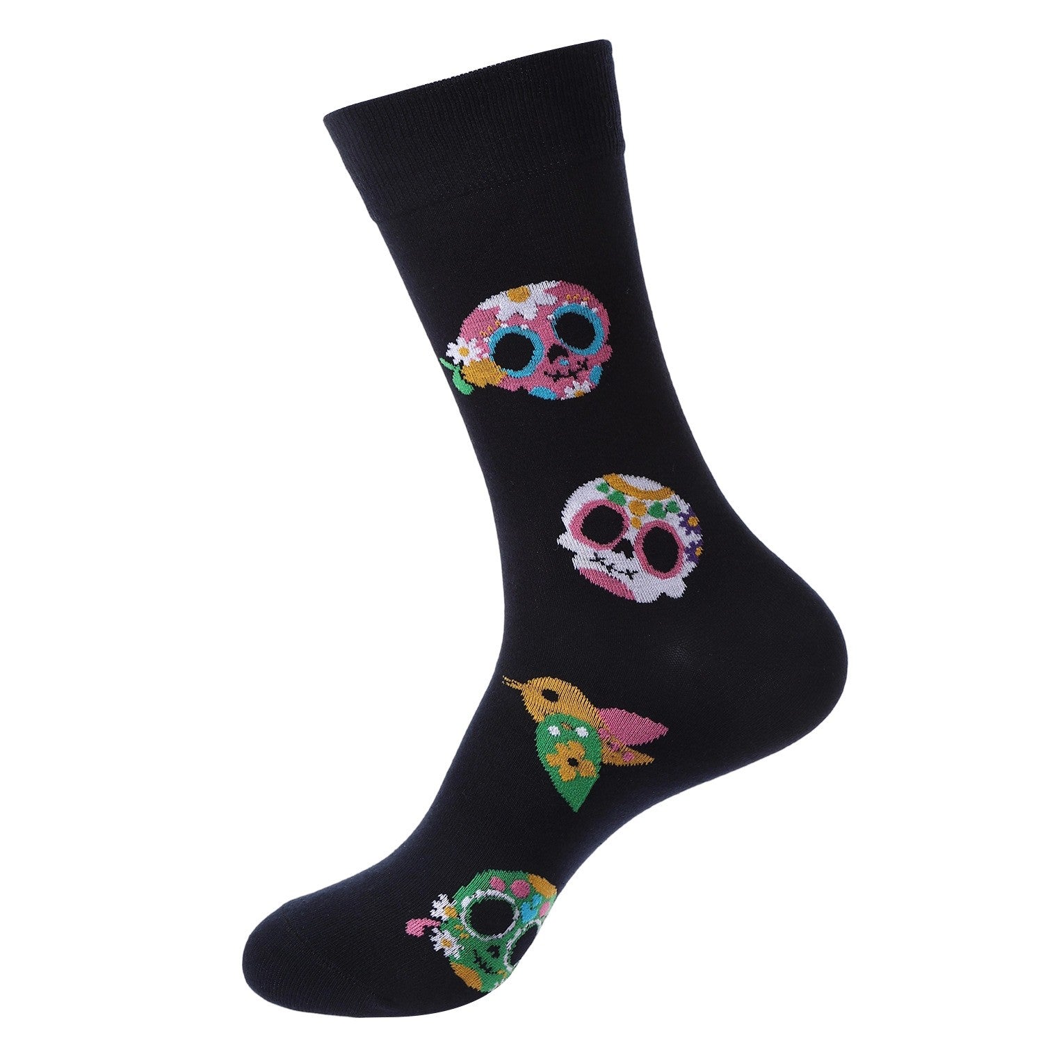 Black novelty socks with colorful sugar skulls and flower birds – Day of the Dead theme.
