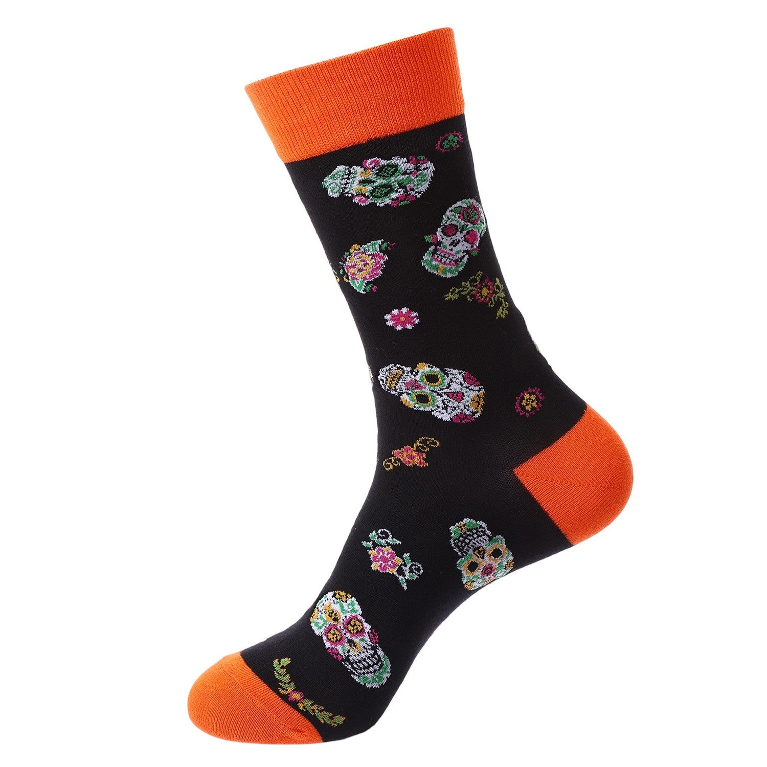 Colorful sugar skull socks for Day of the Dead with orange accents and festive calavera pattern