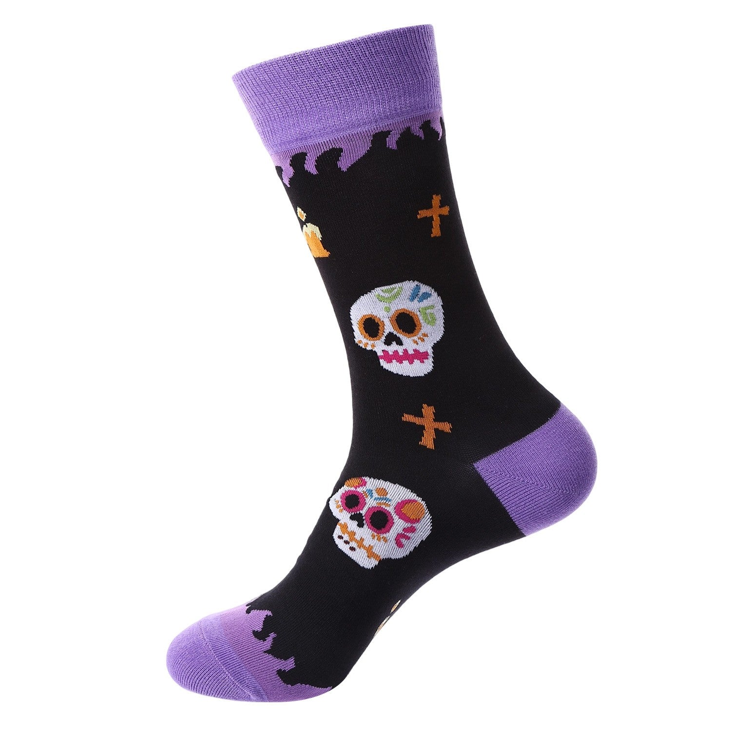 Sock with colorful skull designs and purple accents on a white background