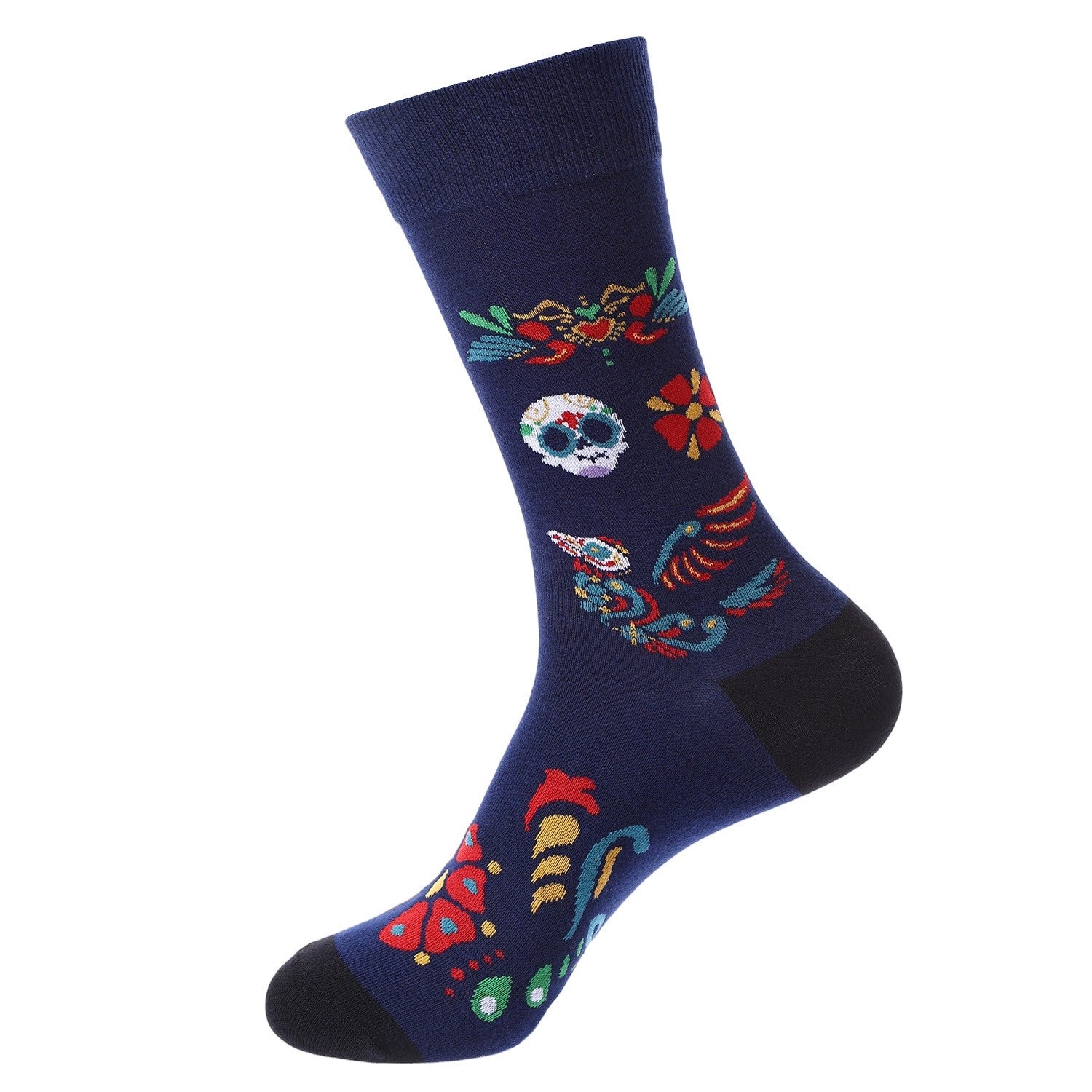 Navy blue Day of the Dead socks featuring sugar skulls, alebrijes, marigolds, and butterflies
