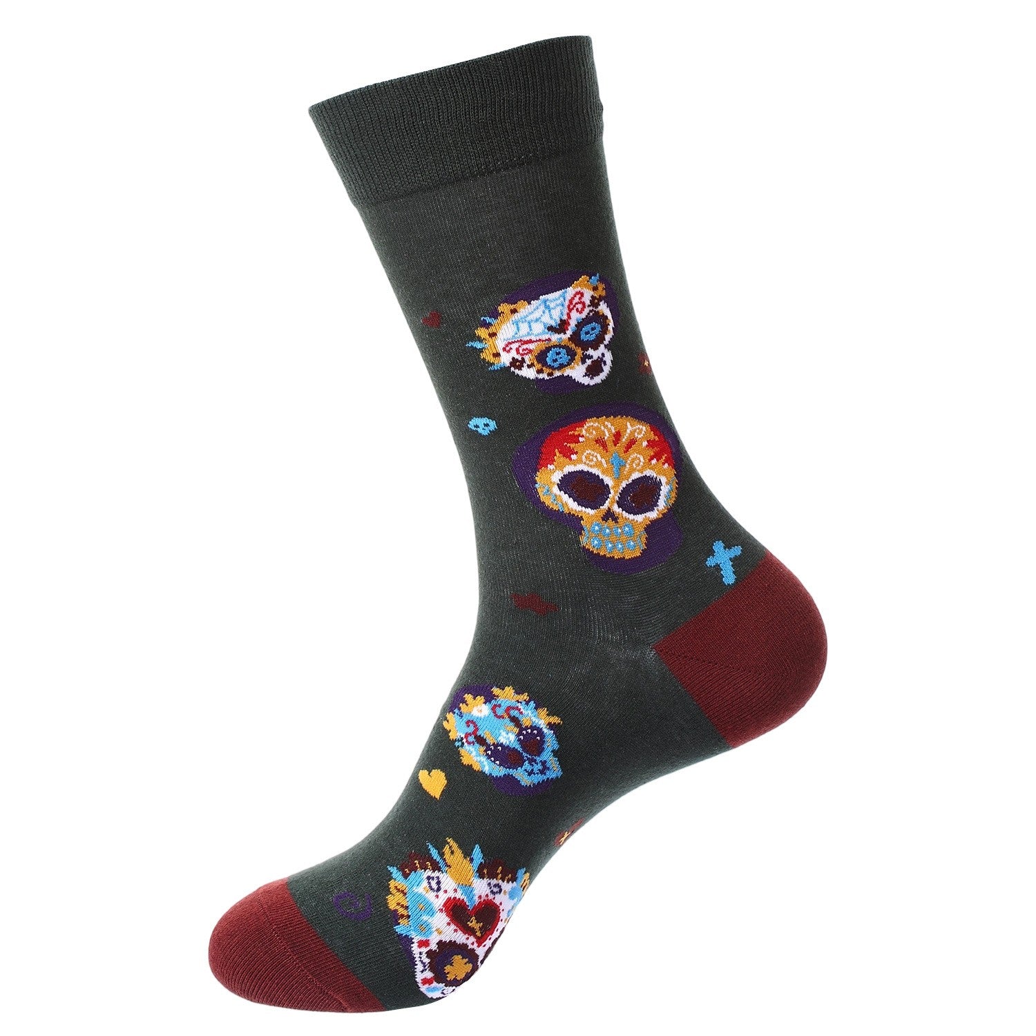 Charcoal crew sock with colorful sugar skull calavera motifs and burgundy heel and toe — Day of the Dead inspired
