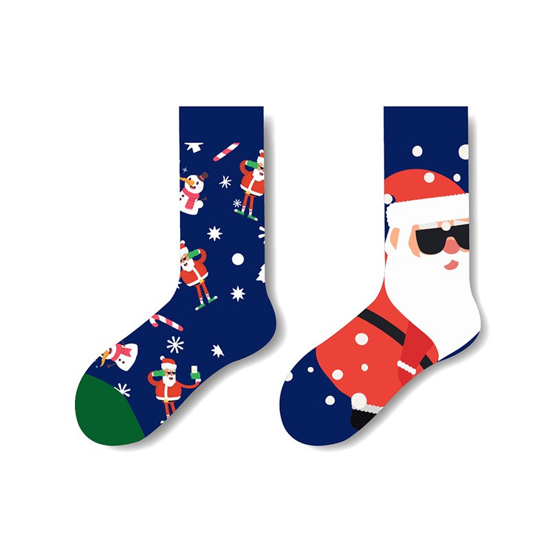 Mismatched Christmas socks with Santa in sunglasses on one and playful Santa, snowmen, and candy canes on the other β navy background, crew style (unisex)