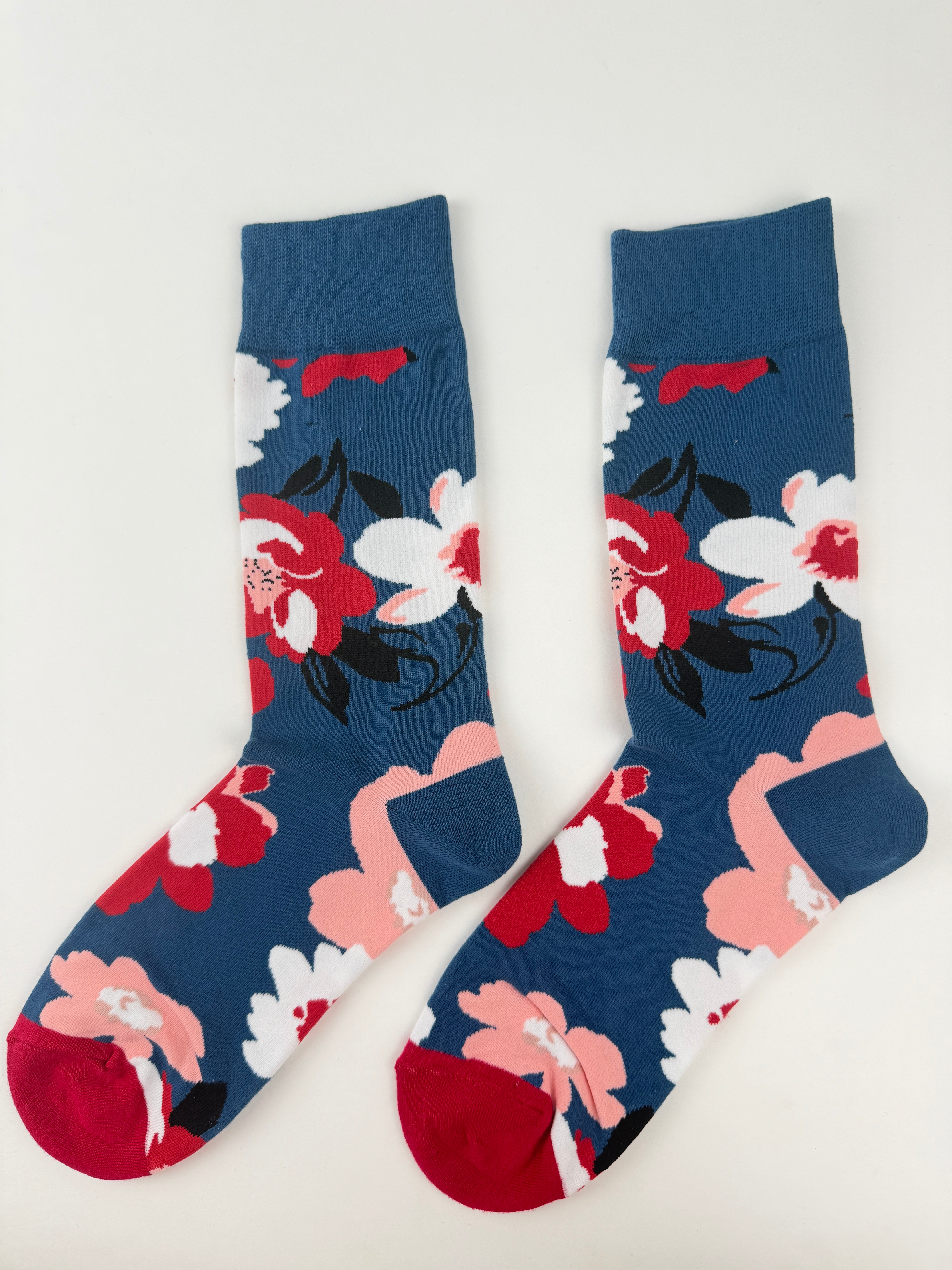 Flower Socks – Red & Pink Flowers on Navy Blue