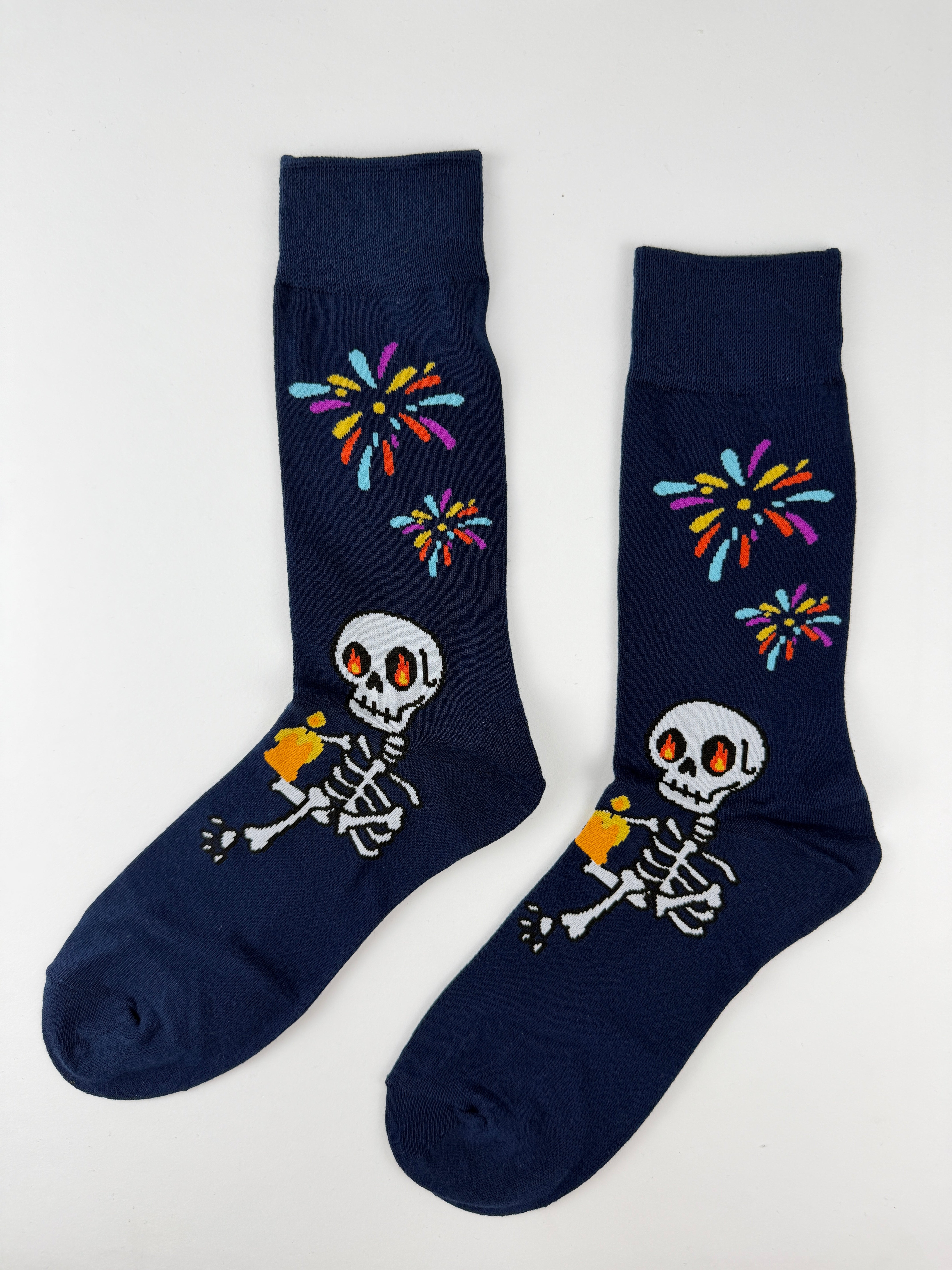 Day of the Dead Skeleton Celebration Socks with Colorful Bursts & Beer