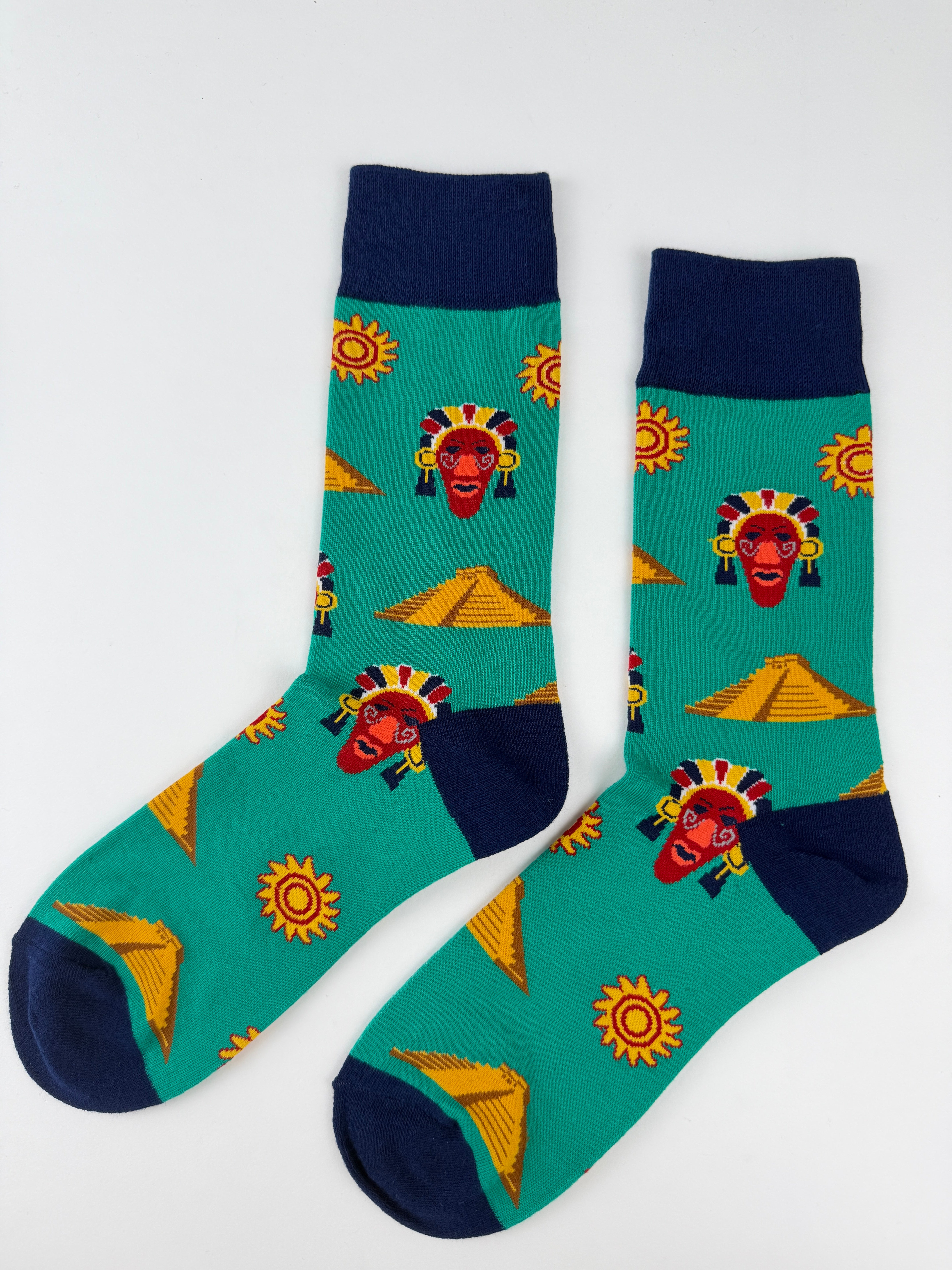 Aztec Warrior Mask & Pyramid Crew Socks Unisex